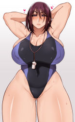 Rule 34 | 1girl, armpits, birthmark, blue eyes, breasts, brown hair, competition swimsuit, female focus, heart, highleg, highleg swimsuit, highres, korotsuke, large breasts, looking at viewer, one-piece swimsuit, short hair, solo, swimsuit, tokunaga naomi