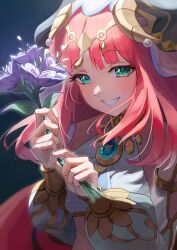 Rule 34 | 1girl, absurdres, blush, commentary request, flower, genshin impact, ginlear, green eyes, hands up, harem outfit, highres, holding, holding flower, horns, long sleeves, midriff, nilou (genshin impact), parted lips, puffy long sleeves, puffy sleeves, red hair, smile, solo, upper body