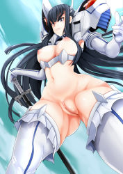 Rule 34 | &gt;:(, 10s, 1girl, armpits, black hair, blue eyes, boots, breasts, breasts out, closed mouth, elbow gloves, female focus, from below, gloves, headwear request, janong, junketsu, kill la kill, kiryuuin satsuki, large breasts, long hair, looking down, navel, nipples, pussy, reverse outfit, shoulder pads, simple background, solo, standing, stomach, sword, thigh boots, thighhighs, uncensored, weapon, white gloves