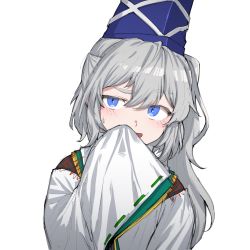 Rule 34 | 1girl, ast.rockett, blue eyes, blush, covering own mouth, grey hair, hat, highres, japanese clothes, kariginu, long hair, looking to the side, mononobe no futo, open mouth, ponytail, ribbon-trimmed sleeves, ribbon trim, side ponytail, simple background, sketch, sleeves past fingers, sleeves past wrists, sweatdrop, tate eboshi, thick eyebrows, touhou, white background
