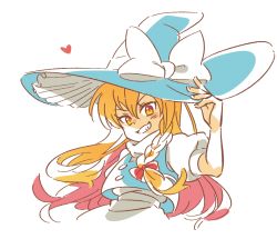 Rule 34 | 1girl, apron, blonde hair, blue hat, blue vest, bow, braid, commentary request, cropped torso, grin, hair bow, hand up, hat, hat bow, heart, kirisame marisa, long hair, looking at viewer, puffy short sleeves, puffy sleeves, red bow, shirt, short sleeves, simple background, single braid, smile, solo, touhou, ukata, upper body, vest, white background, white bow, white shirt, witch hat, yellow eyes
