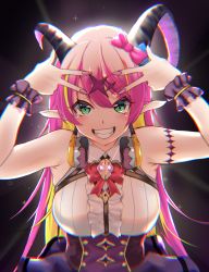 Rule 34 | 1girl, absurdres, asymmetrical horns, black background, blonde hair, bow, bowtie, breasts, chromatic aberration, clenched teeth, curled horns, fangs, fingernails, green eyes, hair bow, hair ornament, hands up, highres, hololive, horns, large breasts, long hair, looking at viewer, mano aloe, multicolored hair, nail polish, pink bow, pink hair, pointy ears, red bow, red bowtie, shikioriori (siki mim), shirt, simple background, skull, sleeveless, sleeveless shirt, smile, solo, teeth, two-tone hair, uneven horns, virtual youtuber, white shirt, wrist cuffs