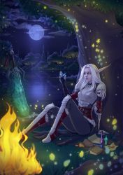 Rule 34 | armor, player character (wow), campfire, colored skin, elf, forest, full moon, long pointy ears, moon, nature, night, night elf (warcraft), night sky, pointy ears, purple skin, sienna artwork, sky, warcraft, white hair, world of warcraft