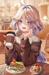 Rule 34 | 1girl, absurdres, ahoge, artist name, blue eyes, blue hair, blush, cake, cake slice, carpet, chair, cup, dasha, food, fork, furina (genshin impact), genshin impact, hair between eyes, heterochromia, highres, holding, holding cup, indoors, lamp, light blue hair, long hair, looking at viewer, lower teeth only, multicolored hair, open mouth, plate, revision, sidelocks, sitting, smile, solo, spoon, streaked hair, teeth, two-tone hair, upper body