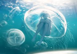 Rule 34 | 1girl, animal, barefoot, blurry, blurry background, closed mouth, commentary, day, depth of field, english commentary, closed eyes, hands on own knees, jellyfish, knees up, nude, original, outdoors, short hair, solo, spencer sais, tentacles, transparent, underwater, water