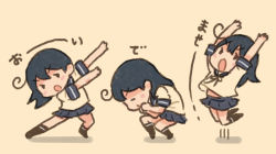 Rule 34 | 1girl, ahoge, arms up, bent over, black hair, clenched hands, closed eyes, jumping, kantai collection, long hair, open mouth, pleated skirt, saiguchi otoufu, shadow, short sleeves, skirt, translated, ushio (kancolle), yellow background
