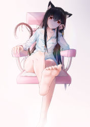 Rule 34 | 1girl, absurdres, animal ear fluff, animal ears, arm support, bare legs, barefoot, black hair, borrowed character, cat ears, cat girl, cat tail, expressionless, highres, long hair, long sleeves, naked shirt, no bra, original, qianze chia, shirt, sitting, soles, tail, very long hair, white shirt, xingye (xing)
