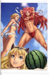 Rule 34 | 00s, 3girls, abs, absurdres, armpits, arms up, artbook, ass, bare shoulders, bikini, blonde hair, blue eyes, braid, breasts, captain of the royal guard elina, cleavage, clenched teeth, covered erect nipples, day, earrings, eiwa, elina (queen&#039;s blade), elina (queen's blade), exiled warrior leina, female focus, food, from below, fruit, grin, hairband, headband, highres, hip focus, jewelry, kneepits, large breasts, legs, leina (queen&#039;s blade), leina (queen's blade), lens flare, long hair, mace, multiple girls, muscular, navel, open mouth, outdoors, purple eyes, queen&#039;s blade, red bikini, red hair, risty (queen&#039;s blade), risty (queen's blade), sand, short hair, side-tie bikini bottom, smile, standing, sweat, swimsuit, teeth, thighs, toned, twin braids, twintails, underboob, watermelon, weapon, white bikini, wilderness bandit risty, worried
