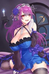 Rule 34 | 1girl, bare shoulders, black legwear, blue dress, breasts, cleavage, dress, gloves, guardian tales, hair ornament, hairband, highres, large breasts, long hair, looking at viewer, moon, night, open mouth, purple hair, red eyes, sitting, sleeveless, smile, smirk, smug, solo, udon frozen, vampire girl karina, wariza, white gloves