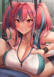 Rule 34 | 1boy, 1girl, absurdres, azur lane, bare shoulders, breasts, breasts squeezed together, bremerton (azur lane), bremerton (scorching-hot training) (azur lane), cleavage, collarbone, crop top, hair ornament, heart, heart necklace, hetero, highres, jewelry, large breasts, long hair, momo no sukebe, multicolored hair, necklace, official alternate costume, paizuri, paizuri under clothes, pink eyes, pink hair, sportswear, streaked hair, tennis court, tennis uniform, twintails, two-tone shirt, x hair ornament
