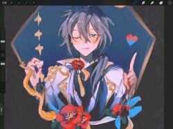 Rule 34 | 1boy, black shirt, blue eyes, ci (scian), ensemble stars!, flower, grey hair, heart, hibiscus, holding, holding heart, jacket, long sleeves, looking at viewer, low side ponytail, male focus, multicolored clothes, multicolored jacket, one eye closed, pointing, pointing up, red flower, shiina niki, shirt, solo, white jacket, yellow jacket