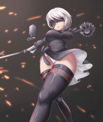Rule 34 | 1girl, 2017, batazungharn, black blindfold, black dress, blindfold, dated, dress, expressionless, feather-trimmed sleeves, from below, grey hair, highres, leotard, nier (series), nier:automata, pod (nier:automata), short hair, solo, sword, thighhighs, thighs, weapon, 2b (nier:automata)