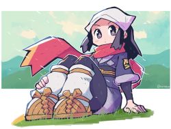 Rule 34 | 1girl, absurdres, akari (pokemon), arm support, artist name, black hair, blush stickers, creatures (company), game freak, grass, head scarf, highres, japanese clothes, legs together, looking at viewer, nintendo, pokemon, pokemon legends: arceus, rariatto (ganguri), red scarf, sandals, scarf, sitting, solo, twitter username
