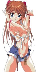 Rule 34 | 1girl, arm ribbon, arms up, belt, blue eyes, breasts, cowboy shot, hairpods, long hair, looking at viewer, medium breasts, navel, neon genesis evangelion, open belt, open fly, red hair, ribbon, shirt, simple background, smile, solo, souryuu asuka langley, standing, tied shirt, wet, wet clothes, wet shirt, white background, yanagi hirohiko
