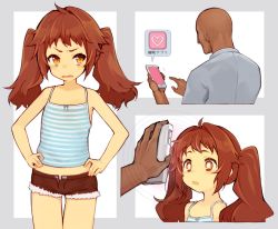Rule 34 | 1boy, 1girl, brown eyes, brown hair, camisole, cellphone, child, engawa oishii, hands on own hips, mind control, open fly, open mouth, original, panties, panty peek, phone, pink eyes, short shorts, shorts, smartphone, thigh gap, twintails, unbuttoned, underwear