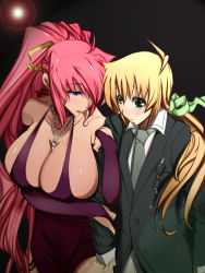 Rule 34 | 00s, blonde hair, blush, breasts, cleavage, dress, formal, glasses, jewelry, large breasts, long hair, lyrical nanoha, mahou shoujo lyrical nanoha, necklace, necktie, nervous, pink hair, ponytail, ribbon, signum, suit, thighs, yuuichi (libertyfeather), yuuno scrya
