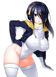 Rule 34 | 10s, 1girl, black hair, blush, breasts, brown eyes, chestnut mouth, covered erect nipples, emperor penguin (kemono friends), groin, hair over one eye, hand on own hip, headphones, highleg, highleg leotard, hood, hoodie, jacket, kemono friends, large breasts, leaning forward, leotard, long hair, looking at viewer, multicolored hair, onsoku inu, open clothes, open jacket, parted lips, simple background, solo, thighhighs, white background, white leotard, white thighhighs