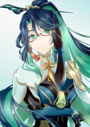 Rule 34 | 1girl, black gloves, blue hair, cloud retainer (genshin impact), colored inner hair, commentary request, dress, genshin impact, glasses, gloves, green eyes, green hair, hair between eyes, hair ornament, hair stick, hand up, highres, long hair, multicolored hair, ponytail, red-framed eyewear, shou fuji, solo, upper body, very long hair, xianyun (genshin impact)