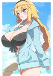 Rule 34 | 1girl, :d, akitokage, alternate breast size, bikini, black bikini, black hairband, blonde hair, blue eyes, blush, border, braid, breasts, cleavage, collarbone, commentary request, cowboy shot, day, fate/grand order, fate (series), finger to own chin, from side, front-tie bikini top, front-tie top, hairband, hand up, highres, huge breasts, jacket, jeanne d&#039;arc (fate), jeanne d&#039;arc (ruler) (fate), jeanne d&#039;arc (swimsuit archer) (fate), jeanne d&#039;arc (swimsuit archer) (first ascension) (fate), large breasts, long hair, long sleeves, looking at viewer, navel, open mouth, outside border, single braid, sleeves past wrists, smile, solo, standing, swimsuit, very long hair, white border