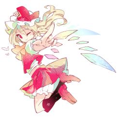 Rule 34 | 1girl, ascot, black socks, blonde hair, bloomers, flandre scarlet, full body, hat, hat ribbon, heart, jumping, kneehighs, looking at viewer, midriff, mob cap, one eye closed, pointing, pointing at viewer, pointy ears, puffy sleeves, red eyes, ribbon, shirt, shoes, short sleeves, side ponytail, simple background, skirt, skirt set, smile, socks, solo, tecoyuke, touhou, underwear, upskirt, vest, white background, wings