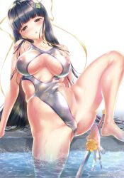 black_hair highres poolside ran_(yamatoagu) see-through_clothes swimsuit sword weapon yoshibari_aubade