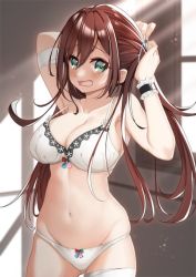 Rule 34 | 1girl, armpits, arms up, artist request, bandages, blush, bra, breasts, brown hair, collarbone, commentary request, dressing, green eyes, hanamori healthy, large breasts, long hair, looking at viewer, melty+, navel, open mouth, panties, solo, underwear, virtual youtuber
