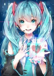 Rule 34 | 1girl, absurdres, bare shoulders, blue eyes, blue hair, blue nails, blue necktie, blush, cardiogram, crying, crying with eyes open, detached sleeves, fingernails, hair between eyes, hand on own chest, hatsune miku, headset, heart, highres, holding, hologram, long hair, looking at viewer, mai mugi, nail polish, necktie, number tattoo, open mouth, shirt, shoulder tattoo, sleeveless, sleeveless shirt, solo, tattoo, tears, twintails, very long hair, vocaloid, white shirt