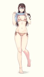 Rule 34 | 1girl, alternate costume, bare legs, barefoot, bikini, bikini under clothes, black hair, blush, breasts, closed mouth, clothes lift, commentary request, full body, glasses, gold bikini, green eyes, hairband, halterneck, highres, kantai collection, long hair, looking at viewer, navel, ooyodo (kancolle), semi-rimless eyewear, shirt lift, side-tie bikini bottom, simple background, small breasts, smile, solo, standing, stomach, string bikini, swimsuit, swimsuit under clothes, under-rim eyewear, white background, yuuji (and)