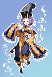 Rule 34 | 1girl, :d, aged down, bare shoulders, black hat, black pants, blue background, breasts, cleavage, detached collar, detached sleeves, fang, fate/grand order, fate (series), forehead, hat, highres, hip vent, nada haruka, open mouth, pants, pelvic curtain, purple eyes, purple hair, short hair, skin fang, sleeves past fingers, sleeves past wrists, small breasts, smile, solo, tassel, underbust, wide sleeves, wu zetian (fate), wu zetian (swimsuit caster) (fate), wu zetian (swimsuit caster) (second ascension) (fate)