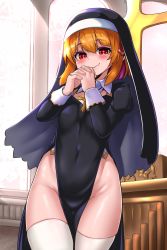 Rule 34 | 1girl, bare hips, black leotard, blonde hair, blush, breasts, chiroshiron, church, closed mouth, commentary request, covered navel, cowboy shot, cross, fang, groin, habit, highleg, highleg leotard, highres, indoors, leotard, long sleeves, looking at viewer, medium hair, nun, own hands together, pelvic curtain, red eyes, rumia, small breasts, smile, solo, standing, thighhighs, touhou, white thighhighs, window