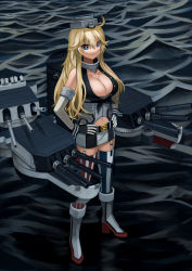 Rule 34 | 10s, 1girl, bad id, bad pixiv id, bare shoulders, blonde hair, blue eyes, breasts, cleavage, elbow gloves, fingerless gloves, full body, garter straps, gloves, hands on own hips, highres, iowa (kancolle), kantai collection, large breasts, long hair, looking at viewer, machinery, midriff, miniskirt, navel, skirt, smile, solo, standing, star-shaped pupils, star (symbol), symbol-shaped pupils, thighhighs, wasabi60, water, zettai ryouiki