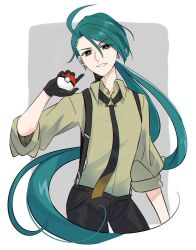 Rule 34 | 1girl, ahoge, black necktie, black pants, bright pupils, collared shirt, commentary request, creatures (company), earrings, eyelashes, game freak, green hair, hand up, highres, holding, holding poke ball, jewelry, long hair, looking at viewer, necktie, nintendo, pants, poke ball, poke ball (basic), pokemon, pokemon sv, ponytail, red eyes, rika (pokemon), shirt, shiruku (gp oro8), sleeves rolled up, smile, solo, white pupils