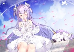 Rule 34 | 1girl, ahoge, aircraft, airplane, azur lane, bare shoulders, blue sky, blush, bow, closed eyes, closed mouth, cloud, cloudy sky, commentary request, day, detached sleeves, double bun, dress, facing viewer, feet out of frame, flower, hair bun, hair ribbon, hands up, kana (kuaua), layered sleeves, long sleeves, outdoors, own hands clasped, own hands together, petals, purple bow, purple hair, ribbon, short over long sleeves, short sleeves, sitting, sky, sleeveless, sleeveless dress, sleeves past wrists, smile, solo, stuffed animal, stuffed toy, stuffed winged unicorn, two side up, unicorn (angelic night) (azur lane), unicorn (azur lane), white dress, white flower, white ribbon, white sleeves, wide sleeves