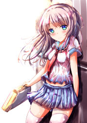 Rule 34 | 1girl, blue eyes, blue sailor collar, blue skirt, blush, briefcase, brown hair, closed mouth, commentary request, head tilt, holding, long hair, looking at viewer, neckerchief, original, pleated skirt, purple shirt, red neckerchief, sailor collar, school briefcase, school uniform, serafuku, shihou haru, shirt, short sleeves, skindentation, skirt, smile, solo, thighhighs, very long hair, white thighhighs