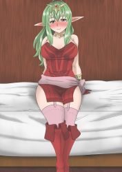 Rule 34 | 1girl, arm support, bare shoulders, bed, blush, boots, breasts, breasts apart, collar, dress, ear blush, facing viewer, feet out of frame, female focus, fire emblem, fire emblem awakening, fire emblem heroes, garter straps, gloves, green eyes, green hair, indoors, jaggy lines, jewelry, long hair, looking at viewer, medium breasts, nintendo, no bra, on bed, pink thighhighs, pointy ears, red dress, red footwear, red gloves, revealing clothes, short dress, sitting, smile, solo, strapless, strapless dress, thighhighs, thighhighs under boots, tiara, tiki (fire emblem), uncats, wooden floor, wooden wall, zettai ryouiki