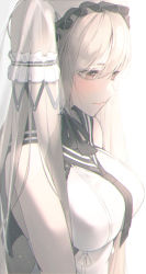 Rule 34 | 1girl, azur lane, bare shoulders, black neckwear, breasts, formidable (azur lane), formidable (timeless classics) (azur lane), from side, headdress, highres, large breasts, noise, official alternate costume, patch oxxo, shirt, sleeveless, sleeveless shirt, smile, twintails, two-tone ribbon, white shirt