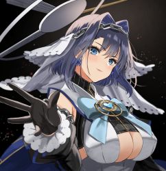Rule 34 | 1girl, black gloves, blue eyes, blue hair, bow, bow earrings, breasts, chain, detached sleeves, earrings, gloves, hair intakes, halo, highres, hololive, hololive english, jewelry, large breasts, mechanical halo, milluun, ouro kronii, ouro kronii (1st costume), smile, virtual youtuber