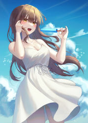 Rule 34 | 1girl, absurdres, bare arms, blue sky, blunt bangs, blush, breasts, brown hair, cleavage, cloud, collarbone, cowboy shot, cumulonimbus cloud, day, dress, floating hair, food, highres, holding, holding food, long hair, medium breasts, oert129, open mouth, original, outdoors, popsicle, sky, sleeveless, sleeveless dress, solo, standing, straight hair, very long hair, white dress, yellow eyes