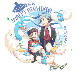 Rule 34 | 2boys, altaria, alternate color, bad id, bad pixiv id, beanie, blue eyes, brendan (pokemon), brown hair, collared shirt, commentary request, creatures (company), dated, falling leaves, game freak, gen 3 pokemon, happy birthday, hat, holding, holding pokemon, jacket, leaf, male focus, multiple boys, necktie, nintendo, open mouth, pokemon, pokemon (creature), pokemon oras, shiny and normal, shiny pokemon, shirt, shoes, short hair, short sleeves, shorts, smile, steven stone, swablu, teeth, tongue, upper teeth only, vest, white footwear, white headwear, white shirt, xichii