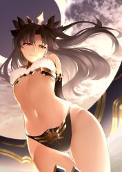 Rule 34 | 1girl, armlet, asymmetrical legwear, asymmetrical sleeves, backlighting, bare shoulders, bikini, black bikini, black hair, blush, bow, breasts, closed mouth, detached collar, detached sleeves, earrings, fate/grand order, fate (series), hair bow, highres, ishtar (fate), jewelry, koruta (nekoimo), long hair, looking at viewer, medium breasts, mismatched bikini, navel, neck ring, parted bangs, red eyes, single detached sleeve, single thighhigh, smile, solo, swimsuit, thighhighs, thighs, tiara, two side up, uneven legwear, uneven sleeves, white bikini