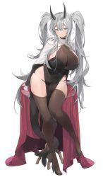 Rule 34 | 1girl, absurdres, black footwear, black thighhighs, blue eyes, blush, breasts, choker, cleavage, closed mouth, feet out of frame, full body, gogoco, grey hair, hair between eyes, heart, high heels, highres, horns, huge breasts, leaning forward, long hair, looking at viewer, original, pelvic curtain, sidelocks, simple background, skindentation, smile, solo, standing, tail, thighhighs, thighs, twintails, very long hair, white background