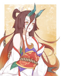 Rule 34 | 1girl, bare shoulders, border, breasts, brown hair, claws, cleavage, detached sleeves, fate/grand order, fate/requiem, fate (series), gradient hair, hair between eyes, horns, japanese clothes, kijo kouyou (fate), kijo kouyou (third ascension) (fate), kimono, large breasts, long hair, multicolored hair, orange hair, pix425, ponytail, rope, sash, sleeveless, sleeveless kimono, slit pupils, solo, tail, very long hair, white border, white kimono, wide sleeves, yellow background, yellow eyes