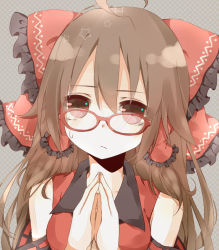 Rule 34 | 1girl, ahoge, bespectacled, blush, bow, breasts, brown eyes, brown hair, closed mouth, collarbone, colorized, glasses, hair bow, hair tubes, hakurei reimu, long hair, looking at viewer, medium breasts, naniiro, own hands together, red-framed eyewear, red bow, sleeveless, solo, sweatdrop, touhou, upper body, yamasuta