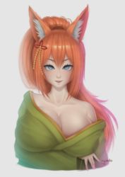 Rule 34 | 1girl, animal ears, arm under breasts, artist name, blush, breast lift, breasts, cleavage, collarbone, commission, fox ears, green kimono, highres, japanese clothes, kimono, kitsune, large breasts, looking at viewer, orange hair, original, parted lips, ponytail, ryumikooo, sleeves past wrists, smile, solo, upper body