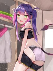 Rule 34 | 1girl, black shorts, blush, breasts, closet, clothes hanger, crop top, day, demon tail, dressing, earrings, fang, frills, green eyes, hair ornament, hairclip, highres, hololive, indoors, jewelry, light particles, looking at viewer, looking back, multicolored hair, multiple earrings, panties, piercing, pink hair, pink panties, pointy ears, purple hair, short shorts, shorts, sidelocks, small breasts, solo, strap slip, sweatdrop, tail, tail ornament, tail piercing, tenpura noraneko, tokoyami towa, twintails, two-tone hair, underwear, virtual youtuber