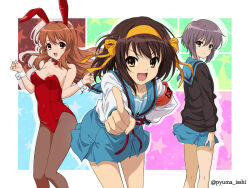 Rule 34 | 3girls, animal ears, asahina mikuru, bare shoulders, blue sailor collar, blue skirt, border, bow, bowtie, breasts, brown cardigan, brown eyes, brown hair, brown pantyhose, cardigan, collarbone, covered navel, cowboy shot, detached collar, dot nose, fake animal ears, fake tail, feet out of frame, floating hair, from behind, hair between eyes, hair bow, hairband, hand on own hip, hands up, highres, index finger raised, isshi pyuma, kita high school uniform, kneepits, leotard, long hair, long sleeves, looking at viewer, medium breasts, medium skirt, miniskirt, mole, mole on breast, multiple girls, nagato yuki, open mouth, orange bow, orange hairband, outside border, outstretched arm, pantyhose, parted lips, playboy bunny, pleated skirt, pointing, pointing at viewer, purple hair, rabbit ears, rabbit tail, red bow, red bowtie, red leotard, sailor collar, school uniform, shirt, short hair with long locks, sidelocks, simple background, skirt, smile, standing, star (symbol), straight hair, strapless, strapless leotard, suzumiya haruhi, suzumiya haruhi no yuuutsu, swept bangs, tail, twitter username, v-shaped eyebrows, w arms, white border, white shirt, wrist cuffs, yellow eyes