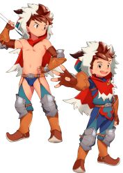 Rule 34 | 10s, 1boy, armor, boots, brown eyes, brown hair, bulge, cape, fingerless gloves, gauntlets, gloves, highres, hood, leather, leather gloves, male focus, monster hunter (series), monster hunter stories, outstretched arm, rider (armor), ryuuto (monster hunter stories), topless male, shoulder armor, simple background, smile, spiked hair, tanaka (tanakasunsun), white background