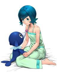 Rule 34 | 1girl, absurdres, bare arms, bare shoulders, barefoot, bed sheet, blue eyes, blue hair, blush, breasts, collarbone, commentary request, creatures (company), feet, full body, game freak, gen 7 pokemon, highres, lana (pokemon), looking at another, nintendo, pajamas, pokemon, pokemon (creature), pokemon sm, popplio, seiza, short hair, simple background, sitting, sleeveless, small breasts, smile, trial captain, turiganesou800, white background