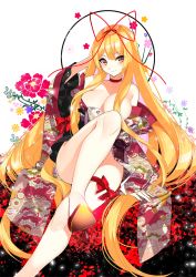 Rule 34 | 1girl, arm at side, blonde hair, bow, breasts, bursting breasts, choker, cleavage, closed mouth, collarbone, fingernails, floral background, floral print, hair censor, hair over breasts, hair ribbon, hand in own hair, hand on own head, high heels, japanese clothes, kimono, knee up, large breasts, legs, long hair, long legs, long sleeves, looking at viewer, obi, off shoulder, one breast out, print kimono, red bow, red ribbon, ribbon, roh nam kyung, sash, shoe soles, sitting, sleeves past wrists, smile, solo, thigh strap, thighs, touhou, very long hair, white background, wide sleeves, yakumo yukari