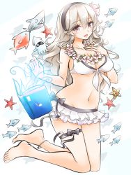 Rule 34 | 1girl, :o, anklet, bare legs, barefoot, bikini, bikini skirt, black bow, blonde hair, blooper (mario), blush, book, bow, breasts, cleavage, collarbone, corrin (female) (fire emblem), corrin (female) (summer) (fire emblem), corrin (fire emblem), creatures (company), fire emblem, fire emblem fates, fish, floating, floating object, flower, flower necklace, front-tie bikini top, front-tie top, full body, game freak, geckolion, gen 1 pokemon, glowing, grimoire, hair between eyes, hand on own chest, jewelry, kneeling, long hair, looking at viewer, mario (series), medium breasts, navel, necklace, nintendo, official alternate costume, open book, open mouth, pink flower, pointy ears, pokemon, pokemon (creature), red eyes, school of fish, shark, starfish, staryu, stomach, swimsuit, thigh strap, very long hair, wavy mouth, white bikini, white bow